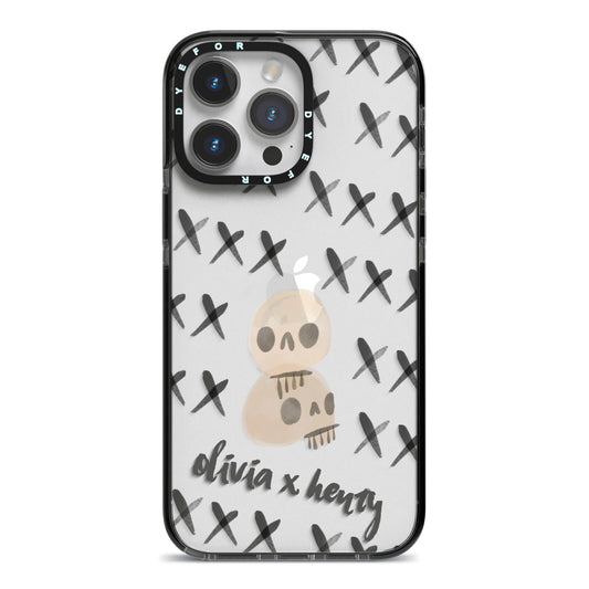 Skulls and Kisses Personalised iPhone 14 Pro Max Black Impact Case on Silver phone