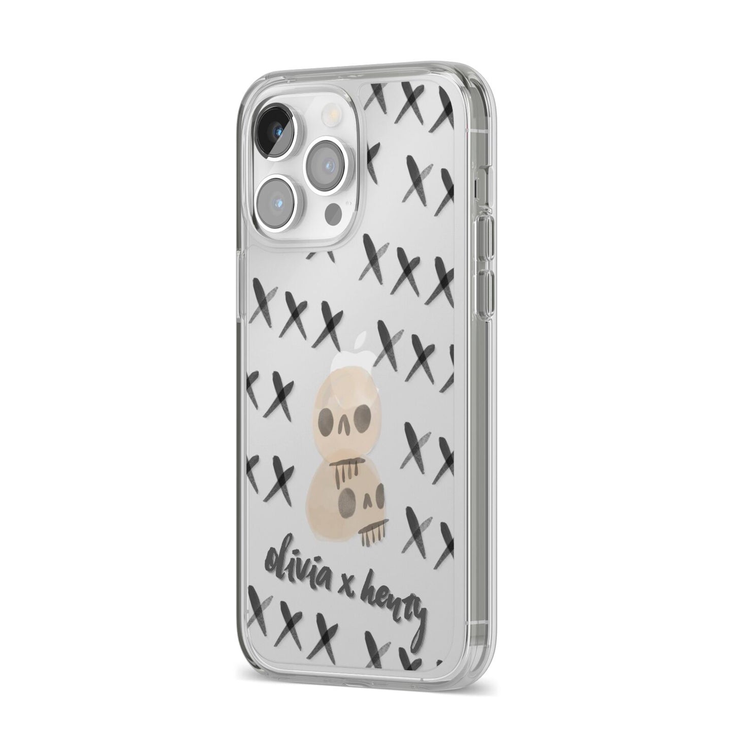 Skulls and Kisses Personalised iPhone 14 Pro Max Clear Tough Case Silver Angled Image