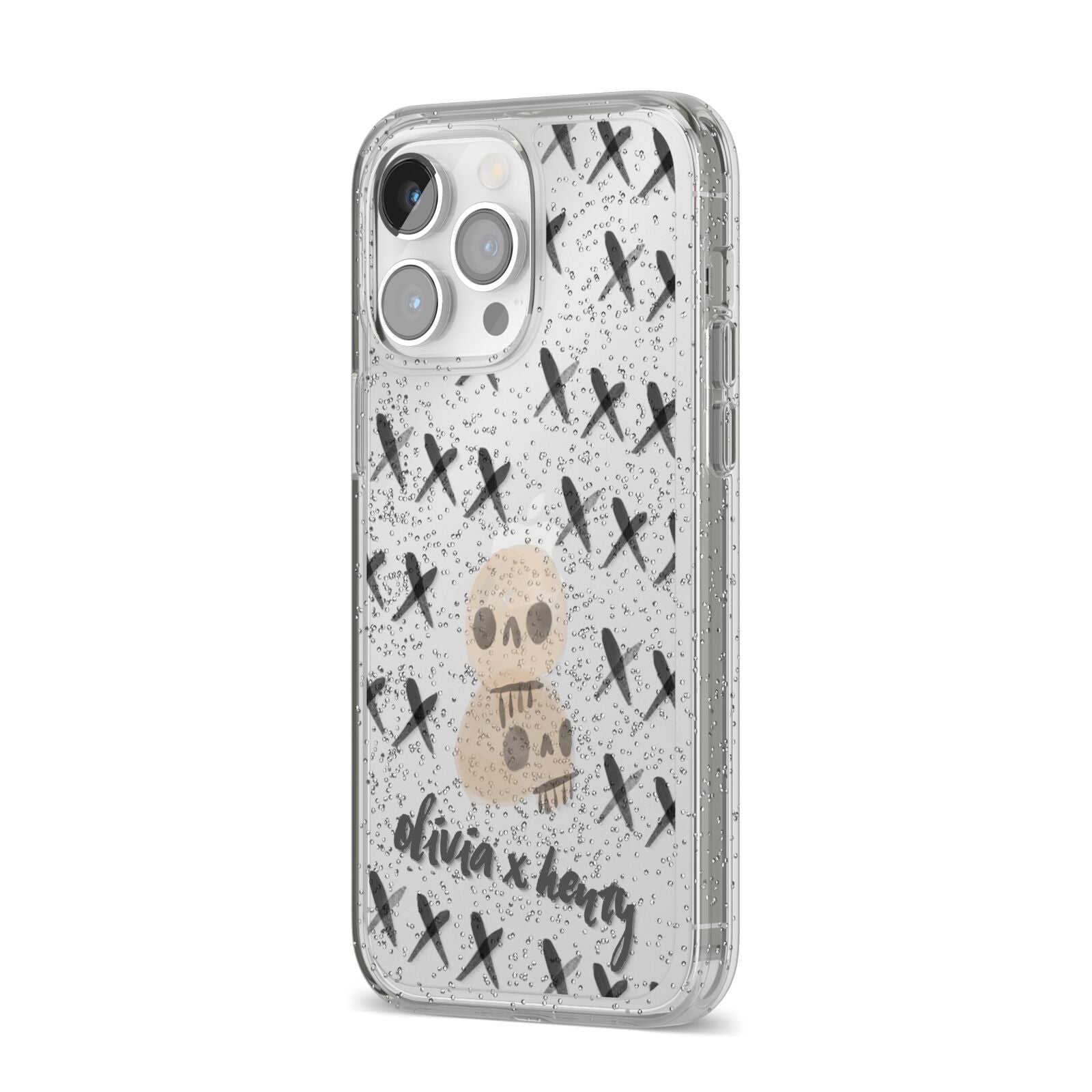 Skulls and Kisses Personalised iPhone 14 Pro Max Glitter Tough Case Silver Angled Image