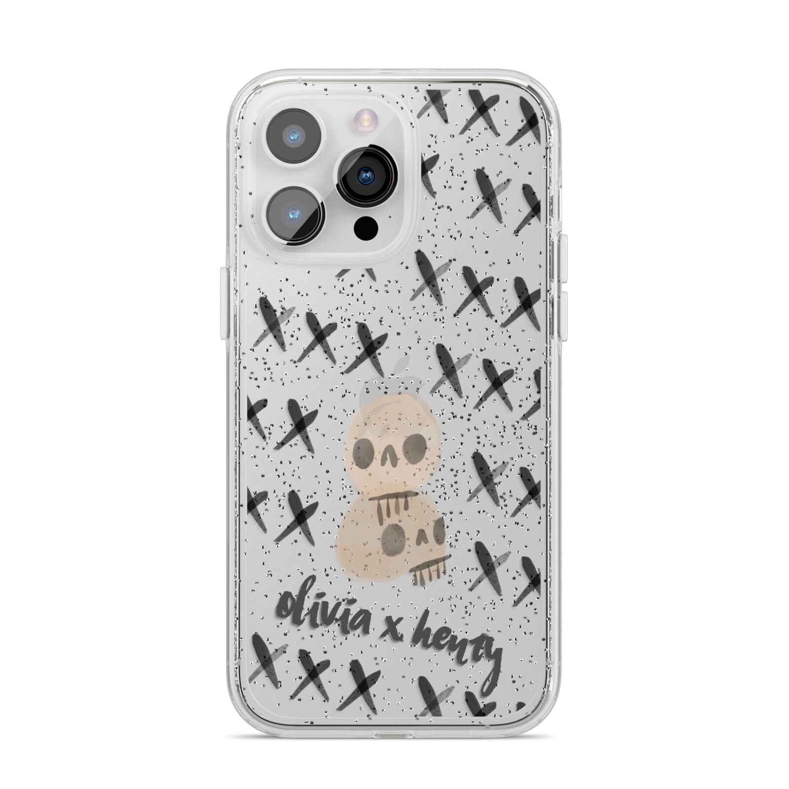 Skulls and Kisses Personalised iPhone 14 Pro Max Glitter Tough Case Silver