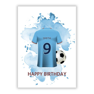 Sky Blue Personalised Football Shirt Greetings Card