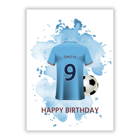 Sky Blue Personalised Football Shirt A5 Flat Greetings Card