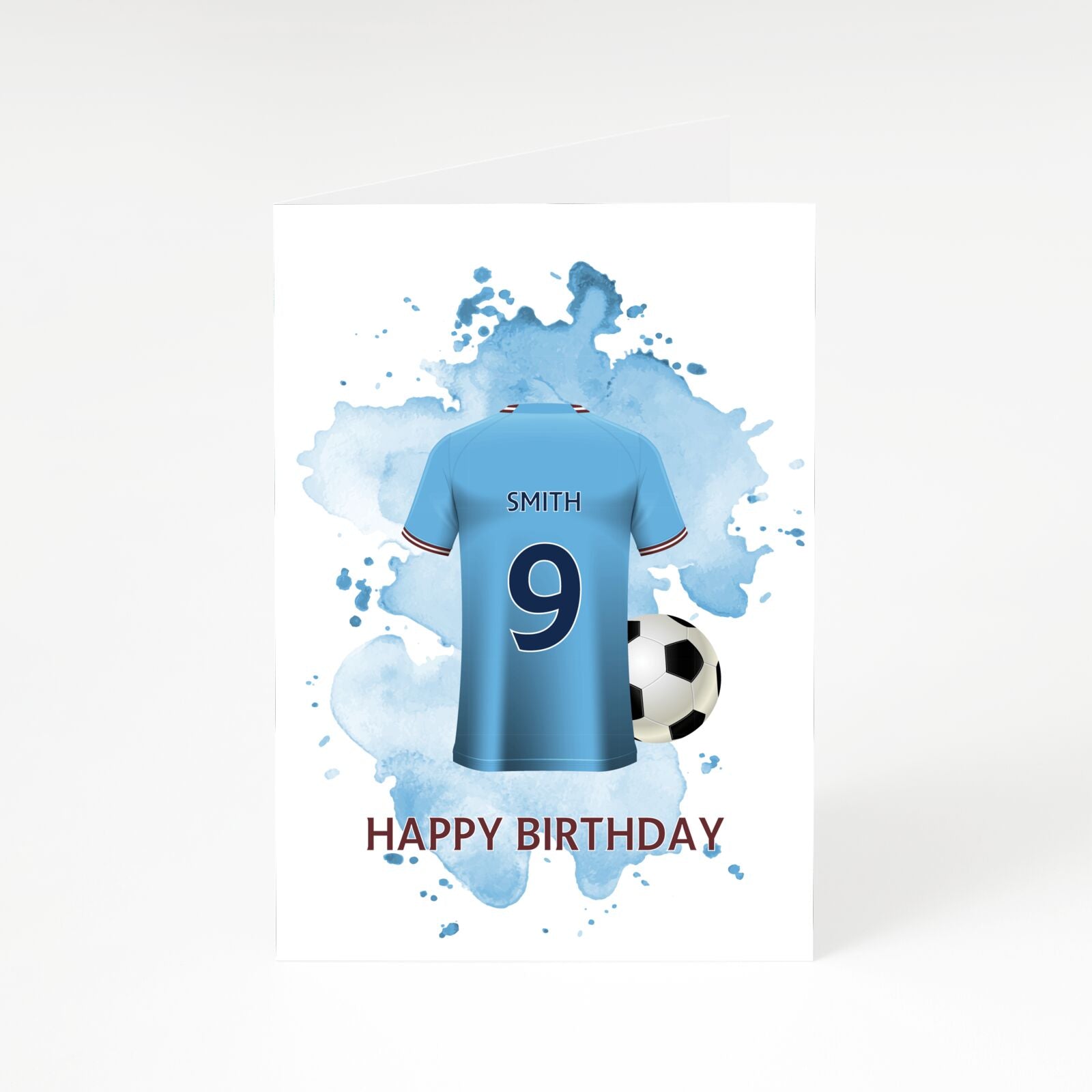 Sky Blue Personalised Football Shirt A5 Greetings Card