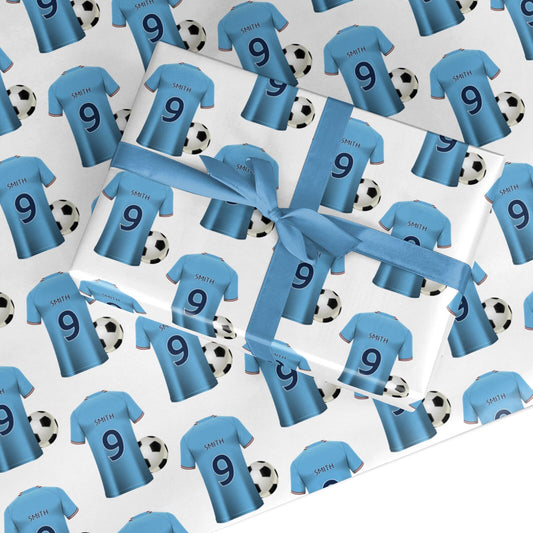 Sky Blue Personalised Football Shirt Custom Wrapping Paper