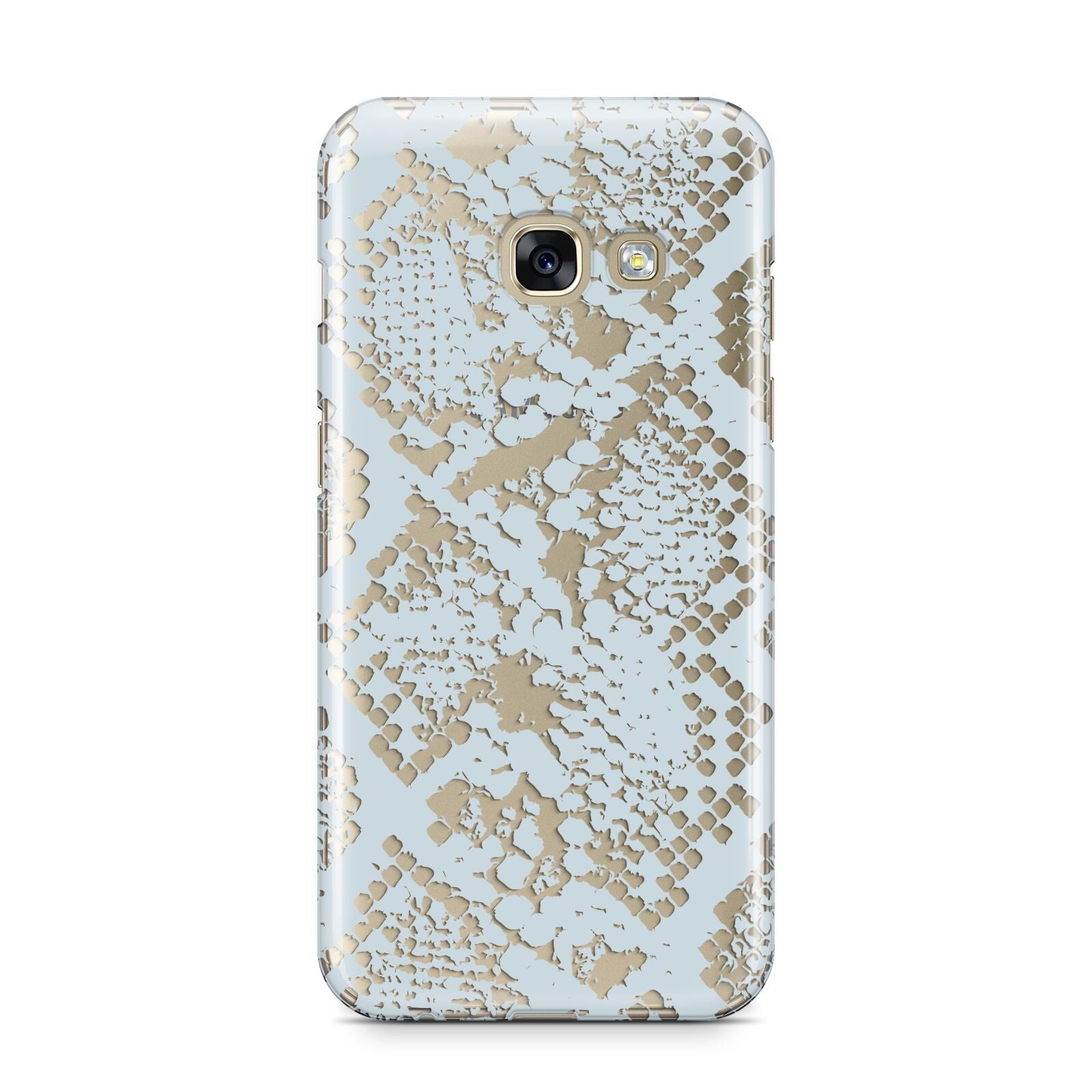 Sky Blue Snakeskin Samsung Galaxy A3 2017 Case on gold phone