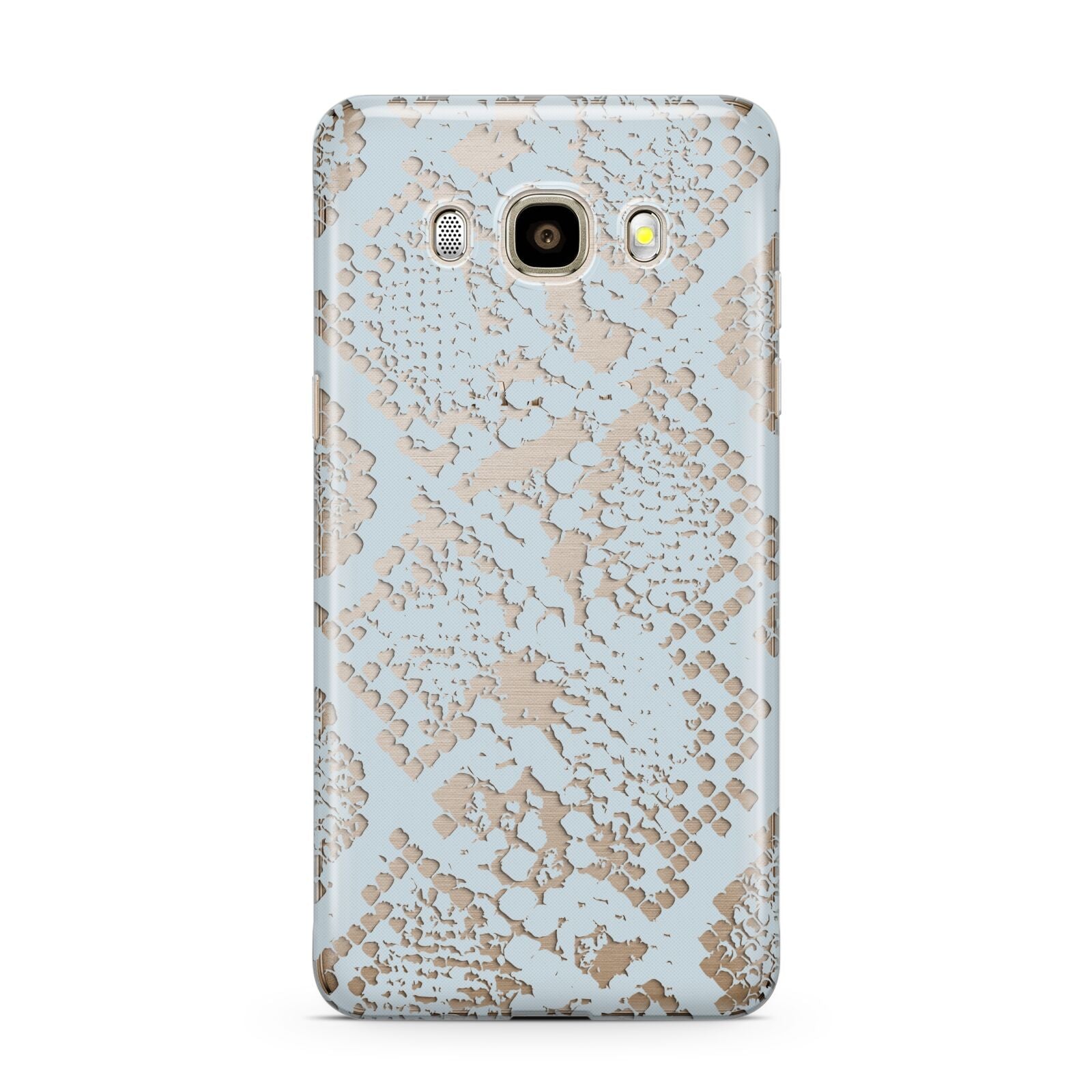 Sky Blue Snakeskin Samsung Galaxy J7 2016 Case on gold phone