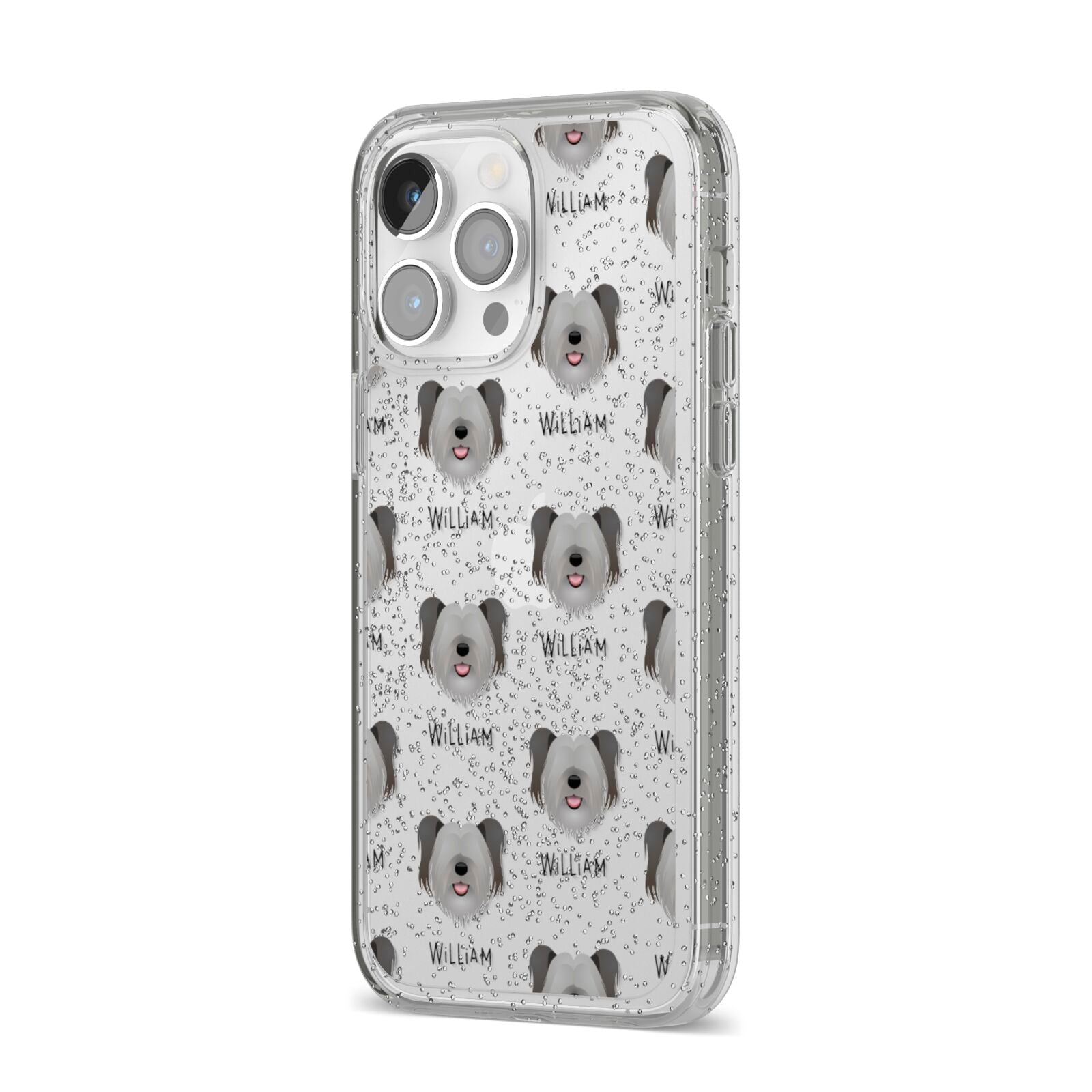Skye Terrier Icon with Name iPhone 14 Pro Max Glitter Tough Case Silver Angled Image
