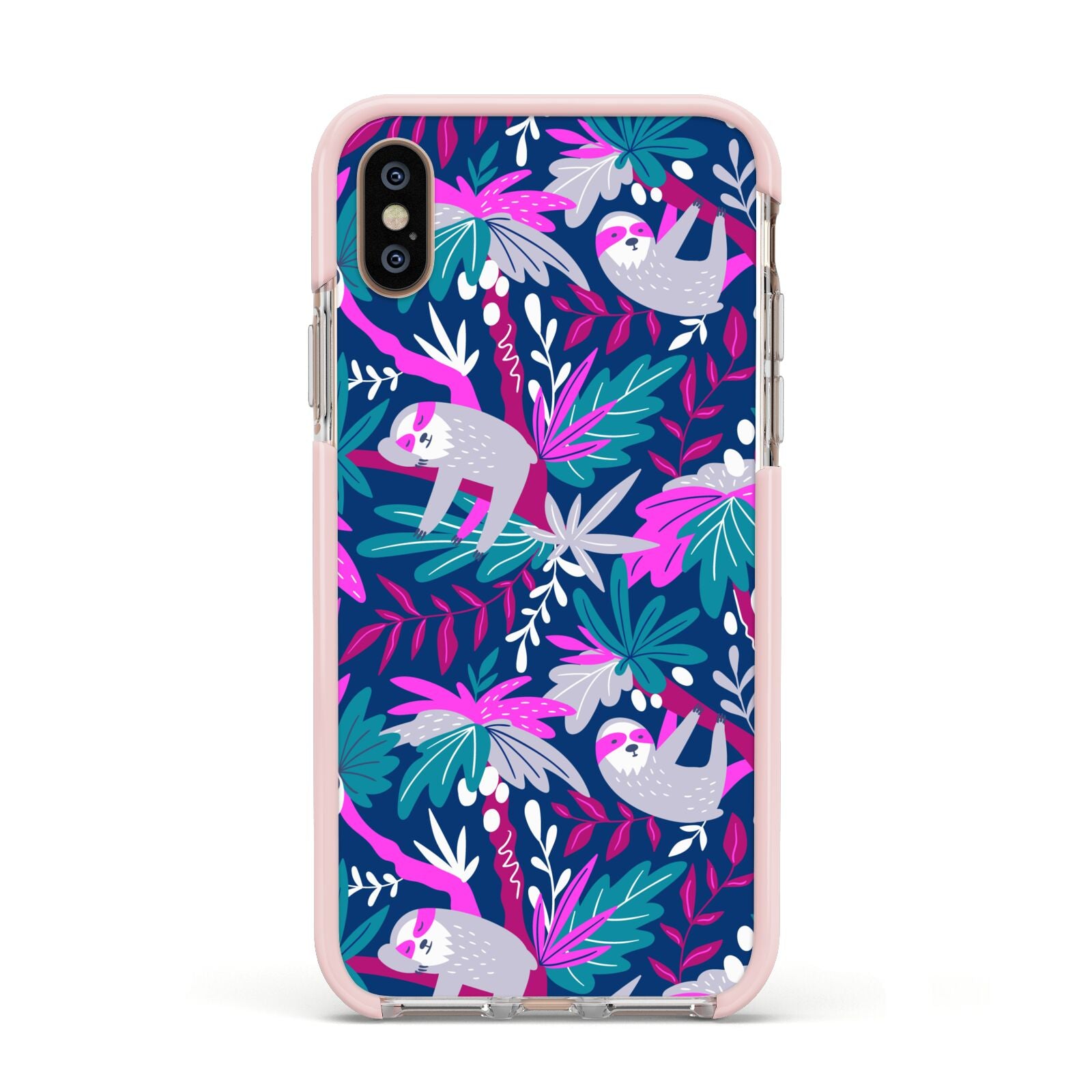 Sloth Apple iPhone Xs Impact Case Pink Edge on Gold Phone
