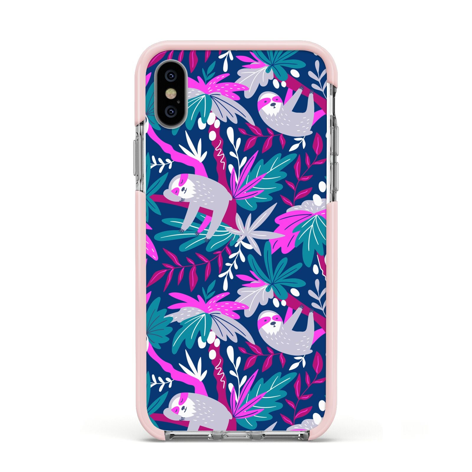 Sloth Apple iPhone Xs Impact Case Pink Edge on Silver Phone