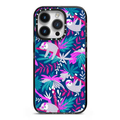 Sloth iPhone 14 Pro Black Impact Case on Silver phone