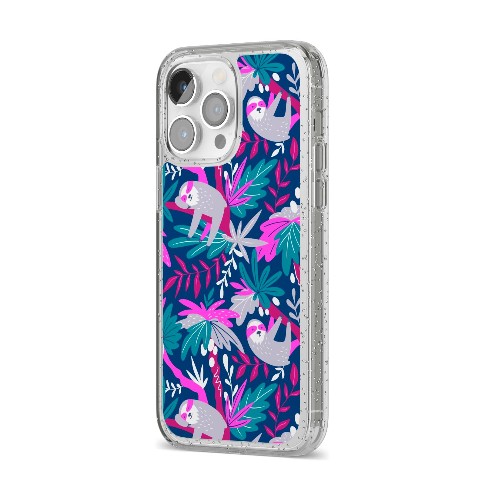 Sloth iPhone 14 Pro Max Glitter Tough Case Silver Angled Image