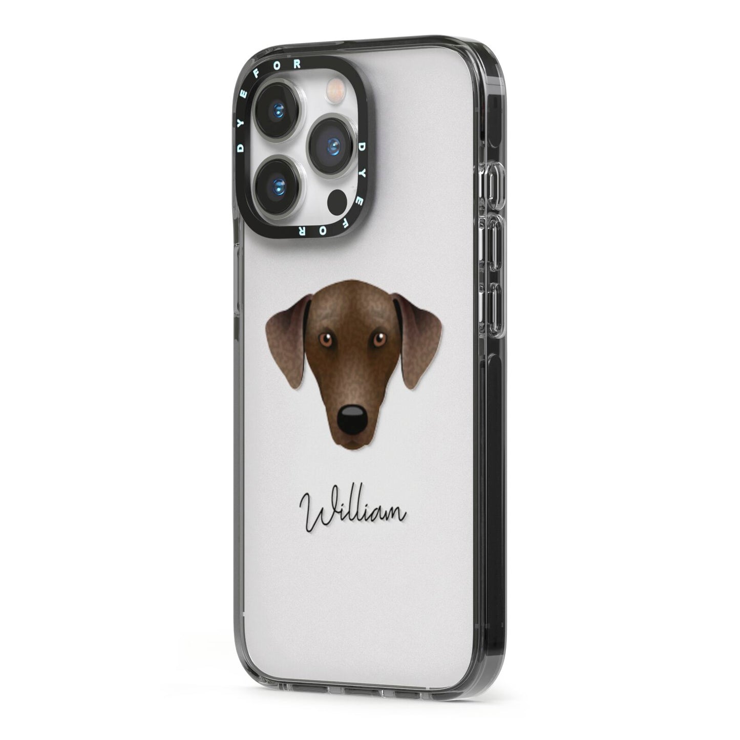 Sloughi Personalised iPhone 13 Pro Black Impact Case Side Angle on Silver phone