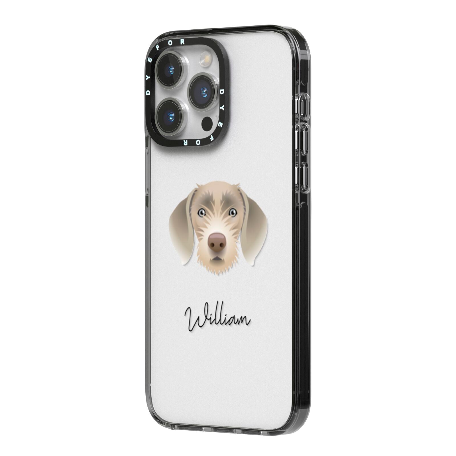 Slovakian Rough Haired Pointer Personalised iPhone 14 Pro Max Black Impact Case Side Angle on Silver phone