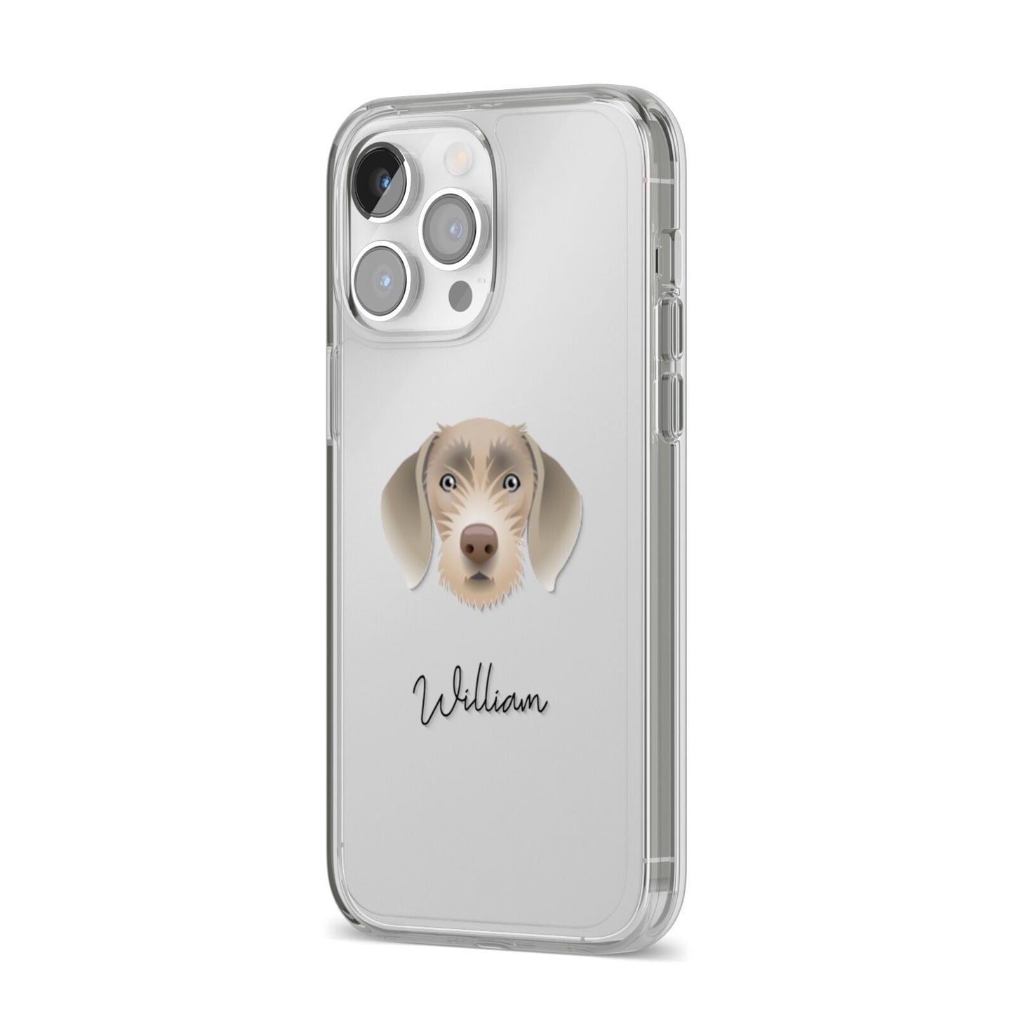 Slovakian Rough Haired Pointer Personalised iPhone 14 Pro Max Clear Tough Case Silver Angled Image