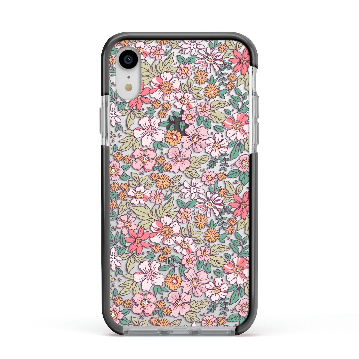 Small Floral Pattern Apple iPhone XR Impact Case Black Edge on Silver Phone