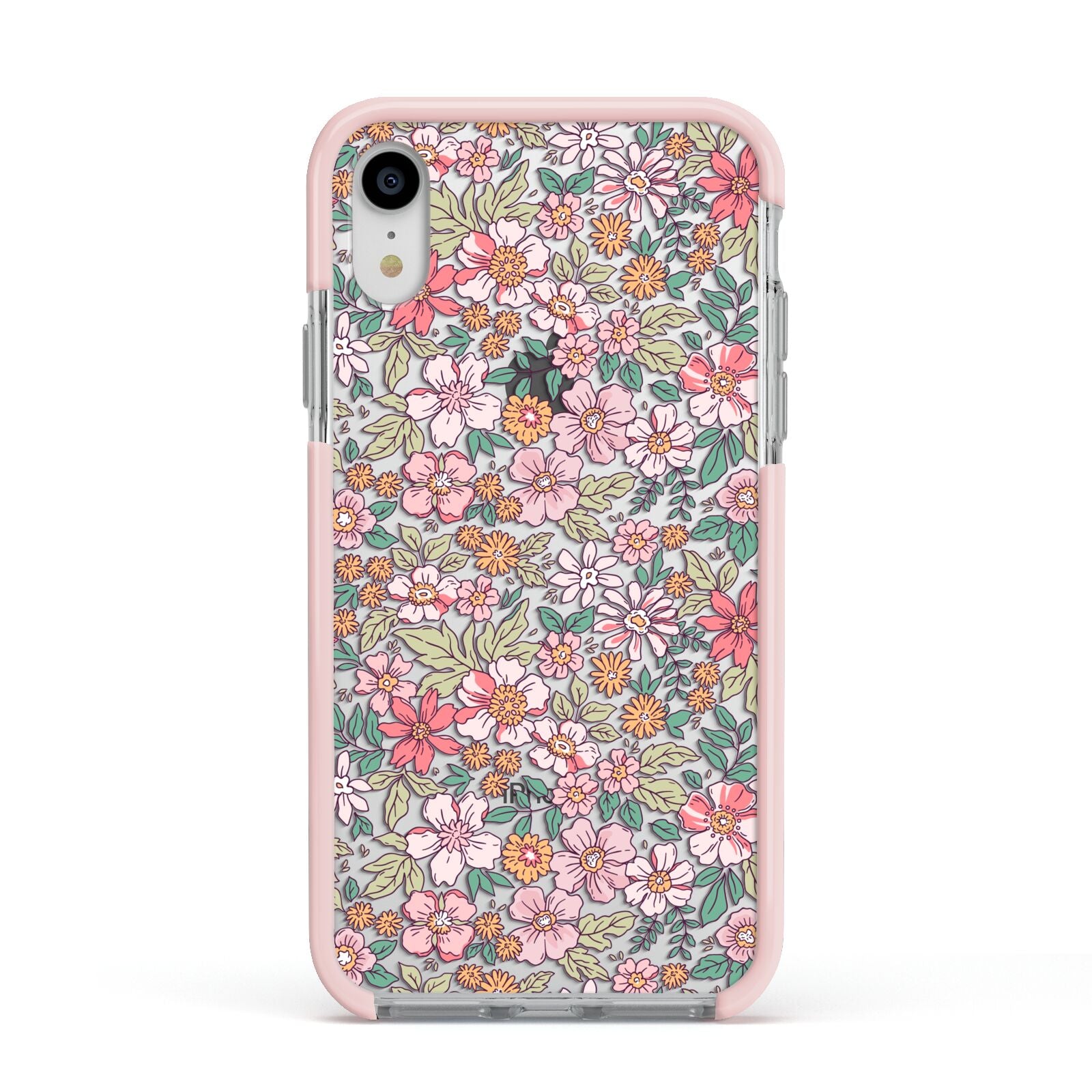 Small Floral Pattern Apple iPhone XR Impact Case Pink Edge on Silver Phone