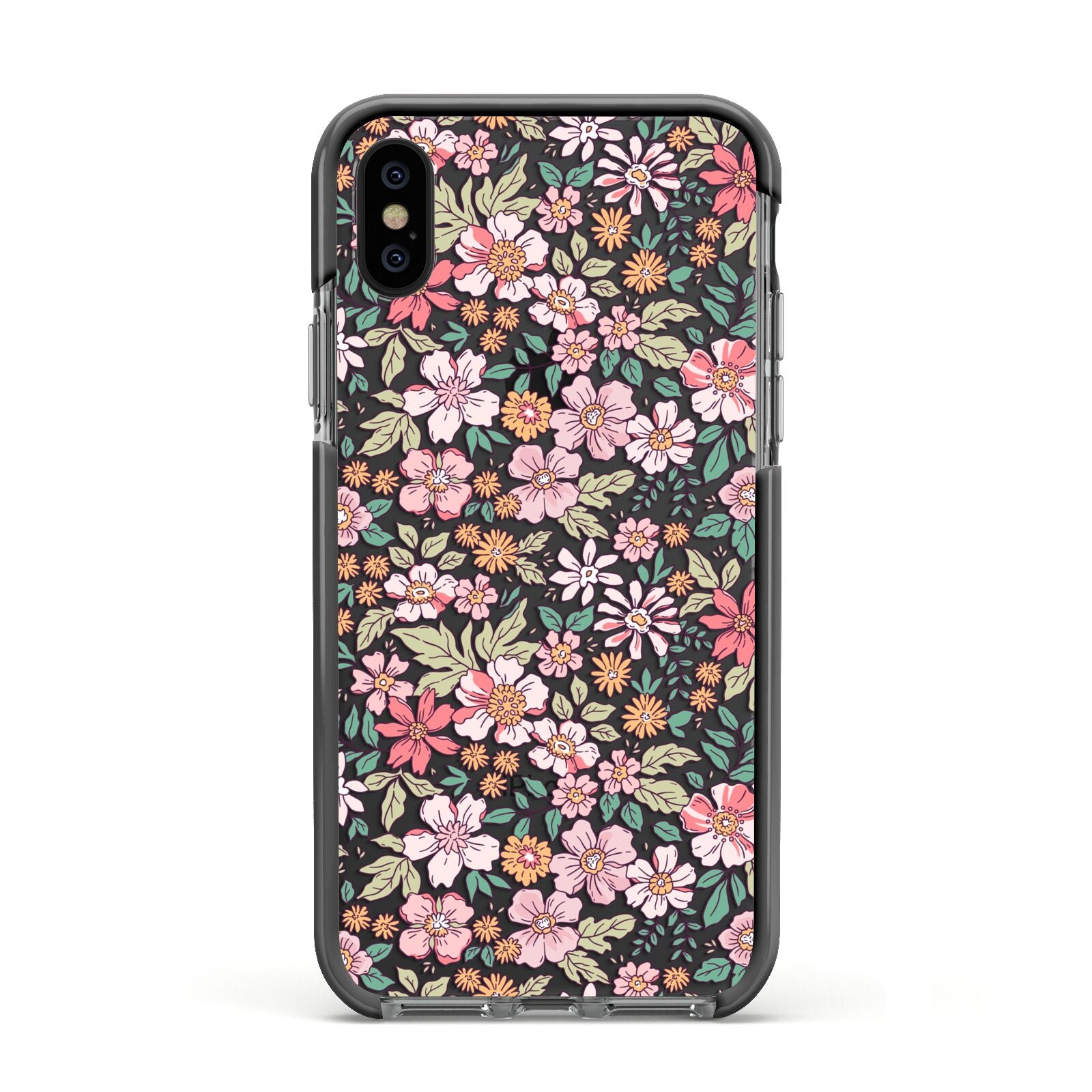 Small Floral Pattern Apple iPhone Xs Impact Case Black Edge on Black Phone