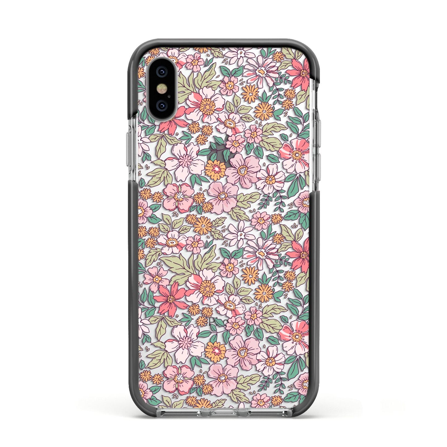 Small Floral Pattern Apple iPhone Xs Impact Case Black Edge on Silver Phone