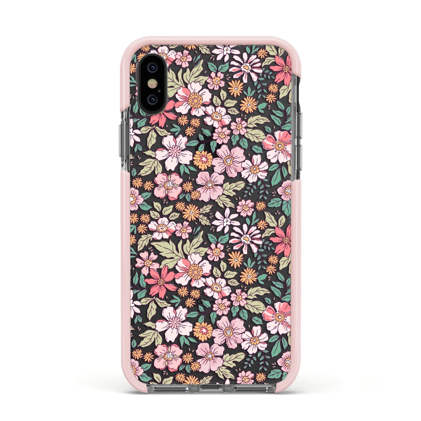 Small Floral Pattern Apple iPhone Xs Impact Case Pink Edge on Black Phone