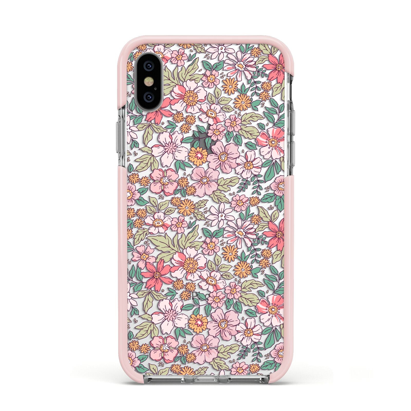 Small Floral Pattern Apple iPhone Xs Impact Case Pink Edge on Silver Phone