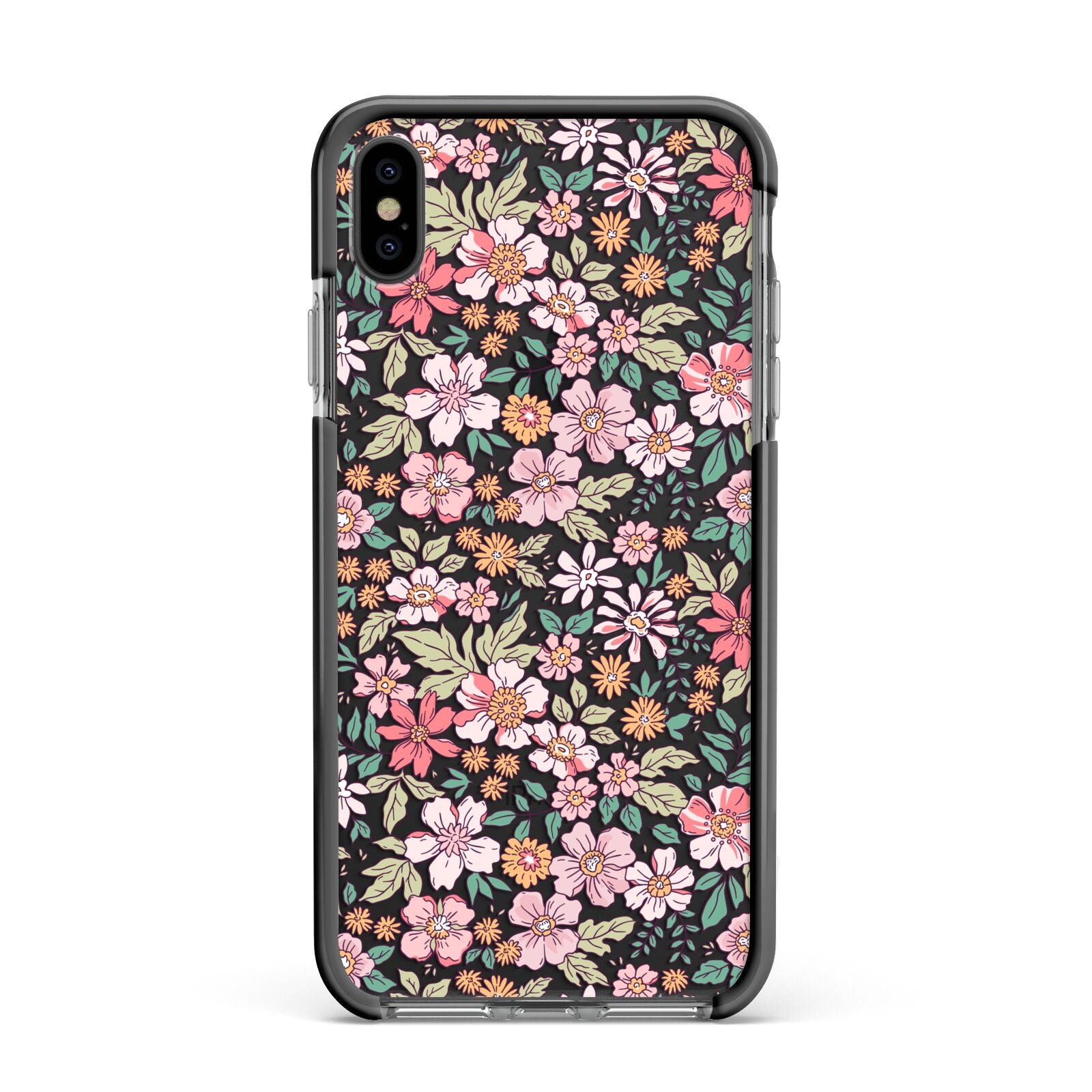 Small Floral Pattern Apple iPhone Xs Max Impact Case Black Edge on Black Phone