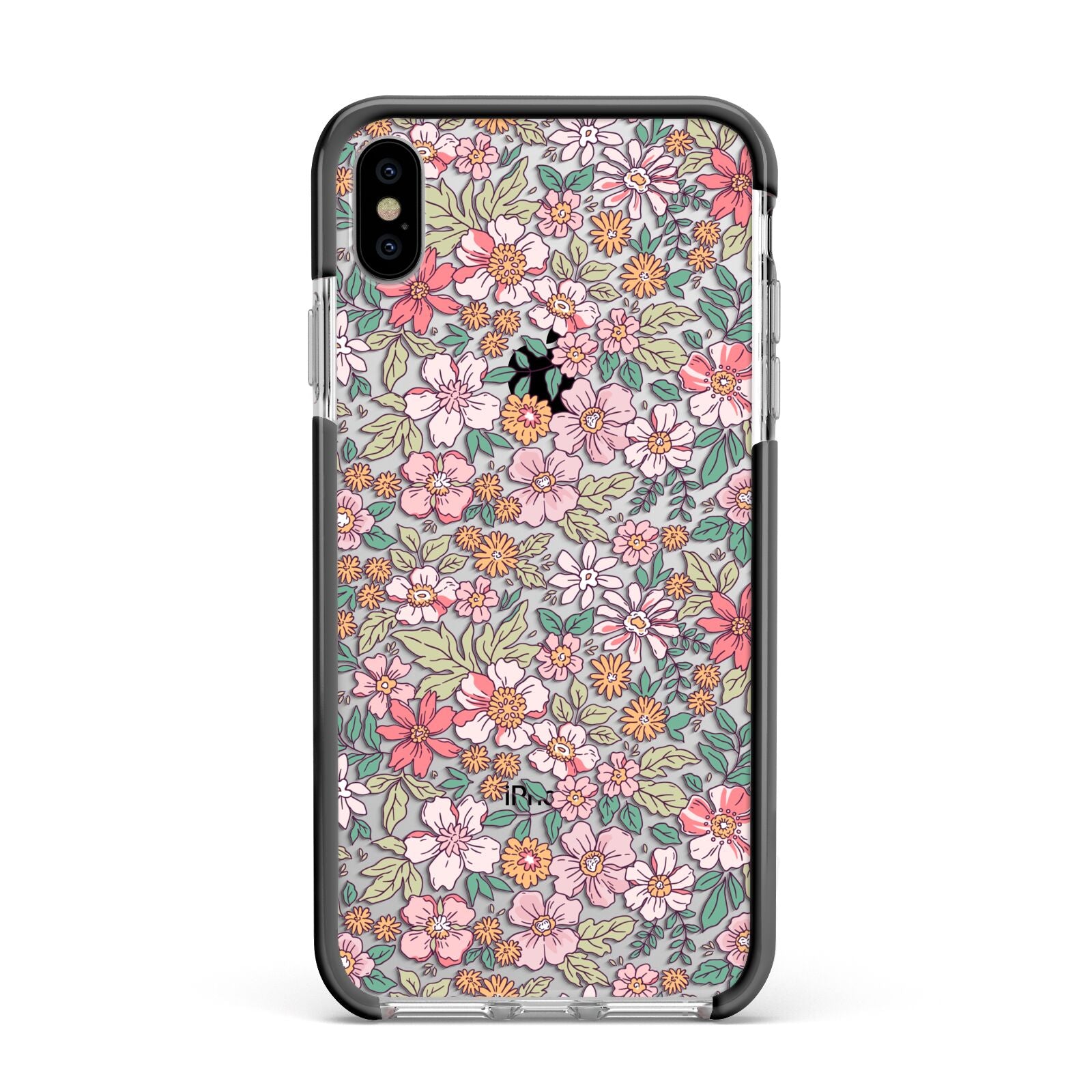 Small Floral Pattern Apple iPhone Xs Max Impact Case Black Edge on Silver Phone