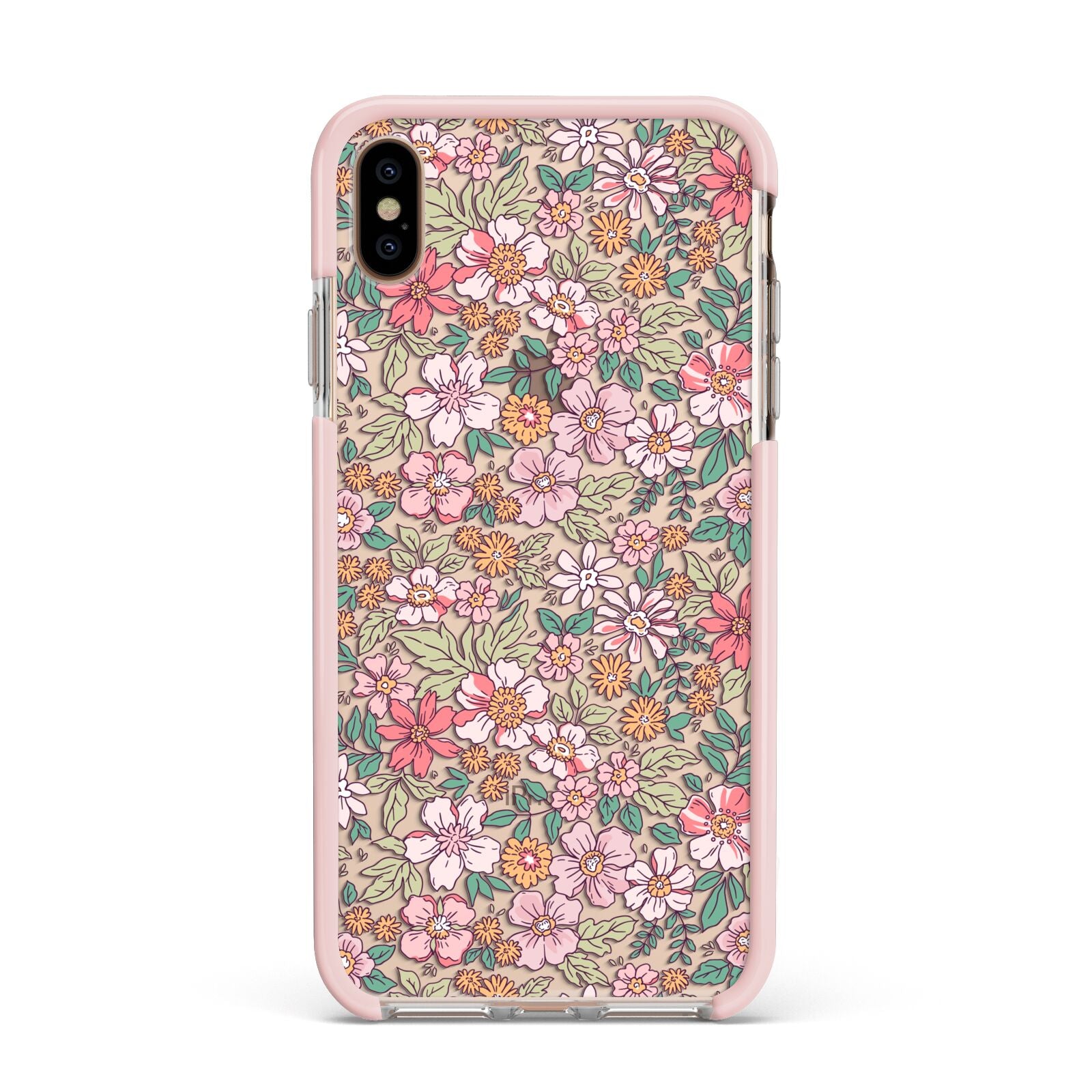 Small Floral Pattern Apple iPhone Xs Max Impact Case Pink Edge on Gold Phone