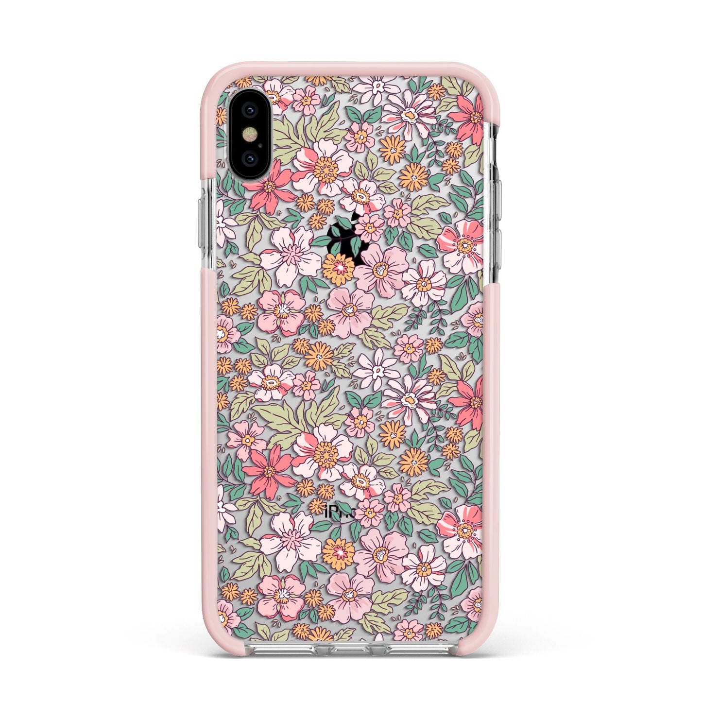 Small Floral Pattern Apple iPhone Xs Max Impact Case Pink Edge on Silver Phone