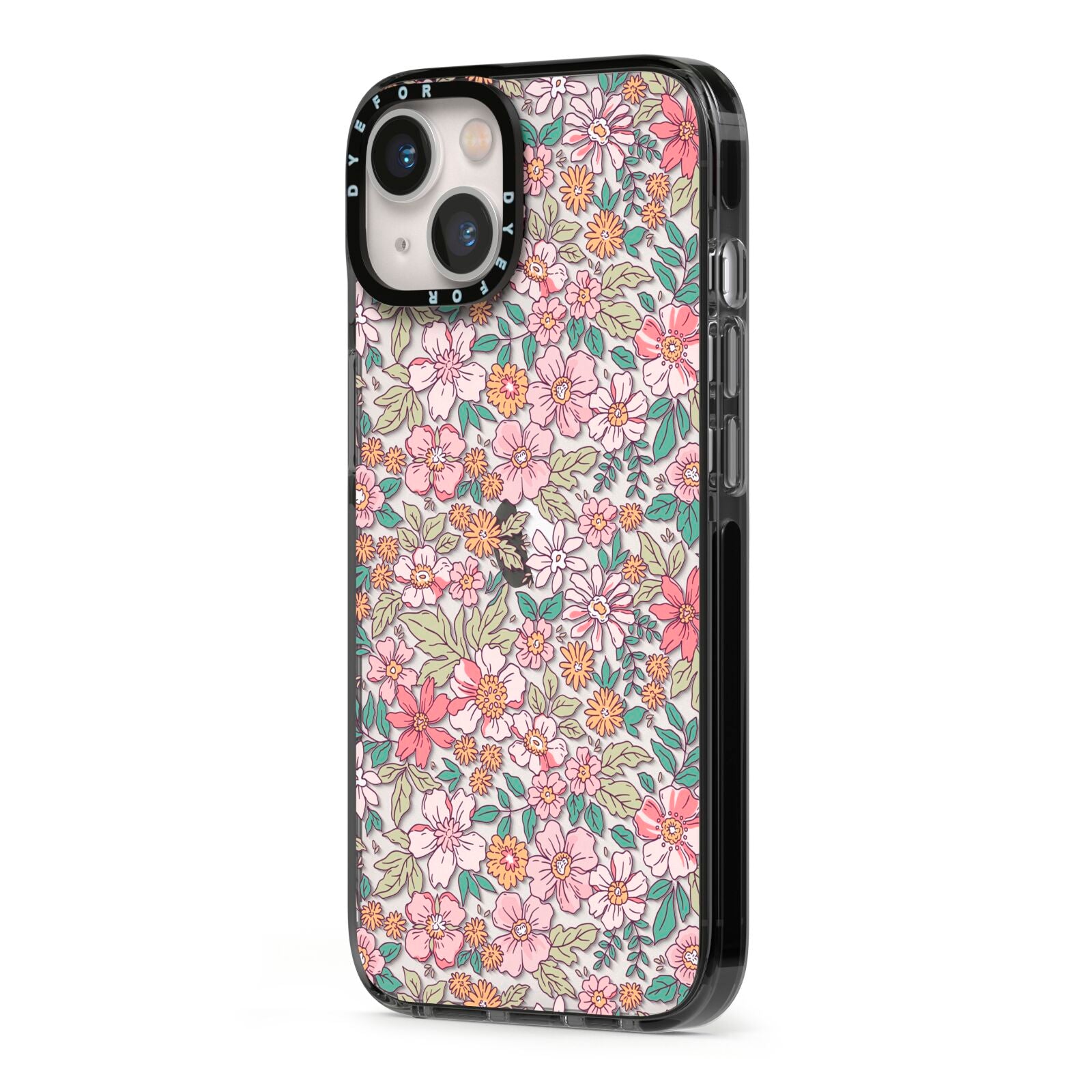 Small Floral Pattern iPhone 13 Black Impact Case Side Angle on Silver phone