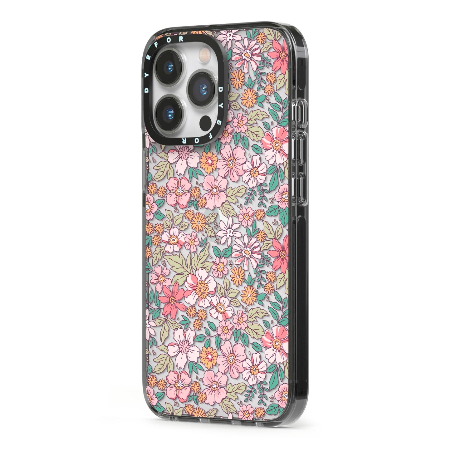 Small Floral Pattern iPhone 13 Pro Black Impact Case Side Angle on Silver phone