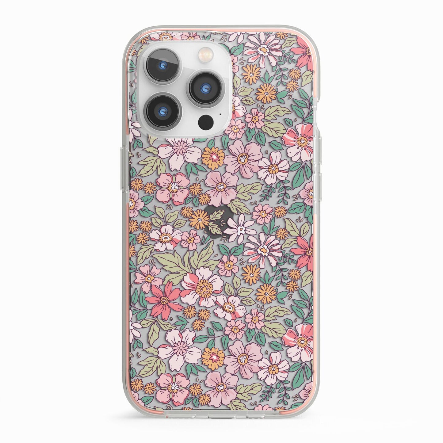 Small Floral Pattern iPhone 13 Pro TPU Impact Case with Pink Edges