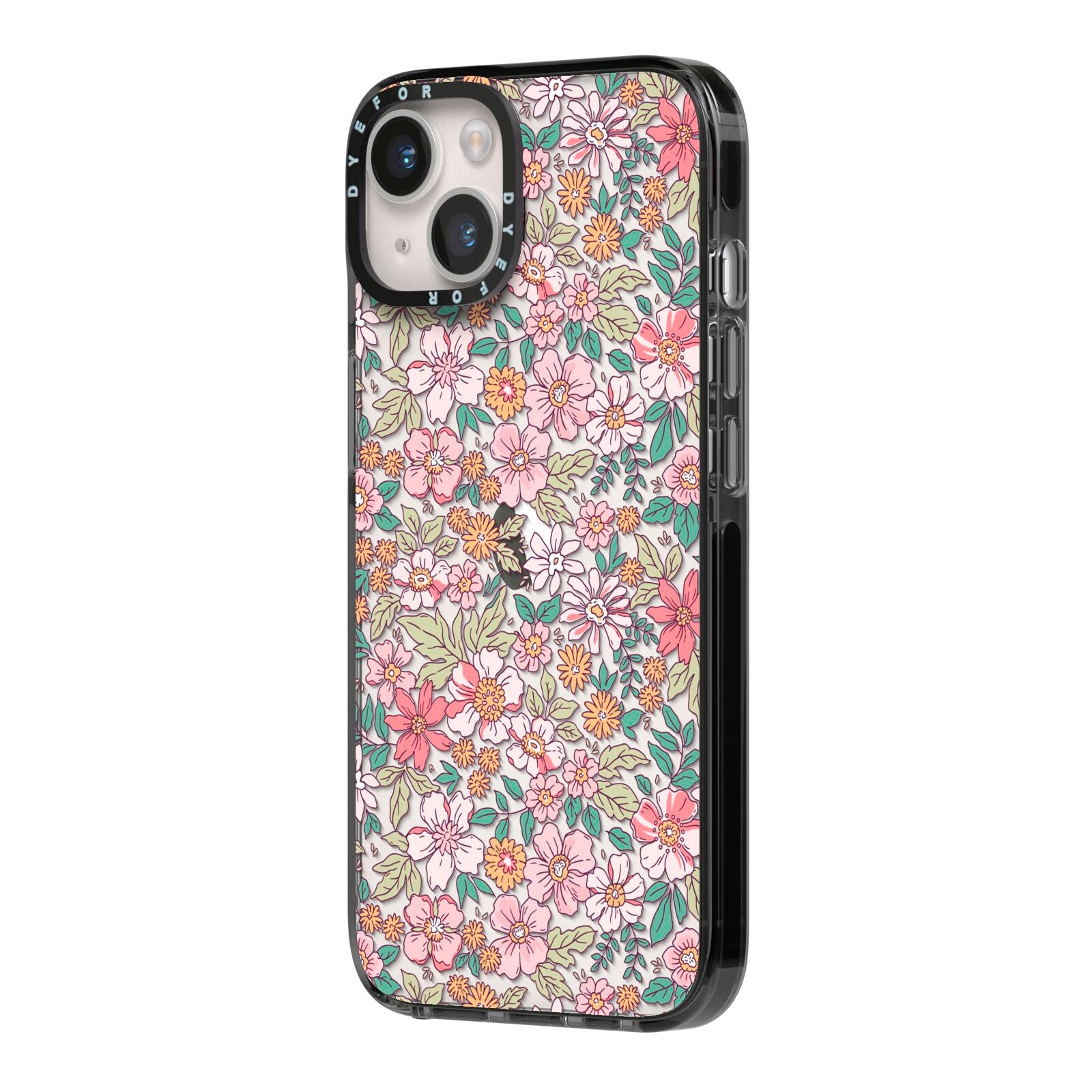 Small Floral Pattern iPhone 14 Black Impact Case Side Angle on Silver phone