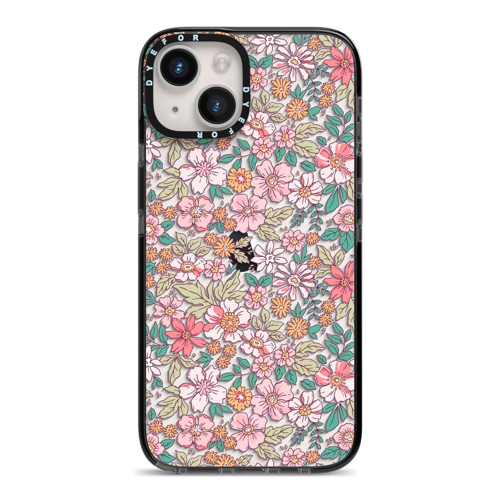 Small Floral Pattern iPhone 14 Black Impact Case on Silver phone