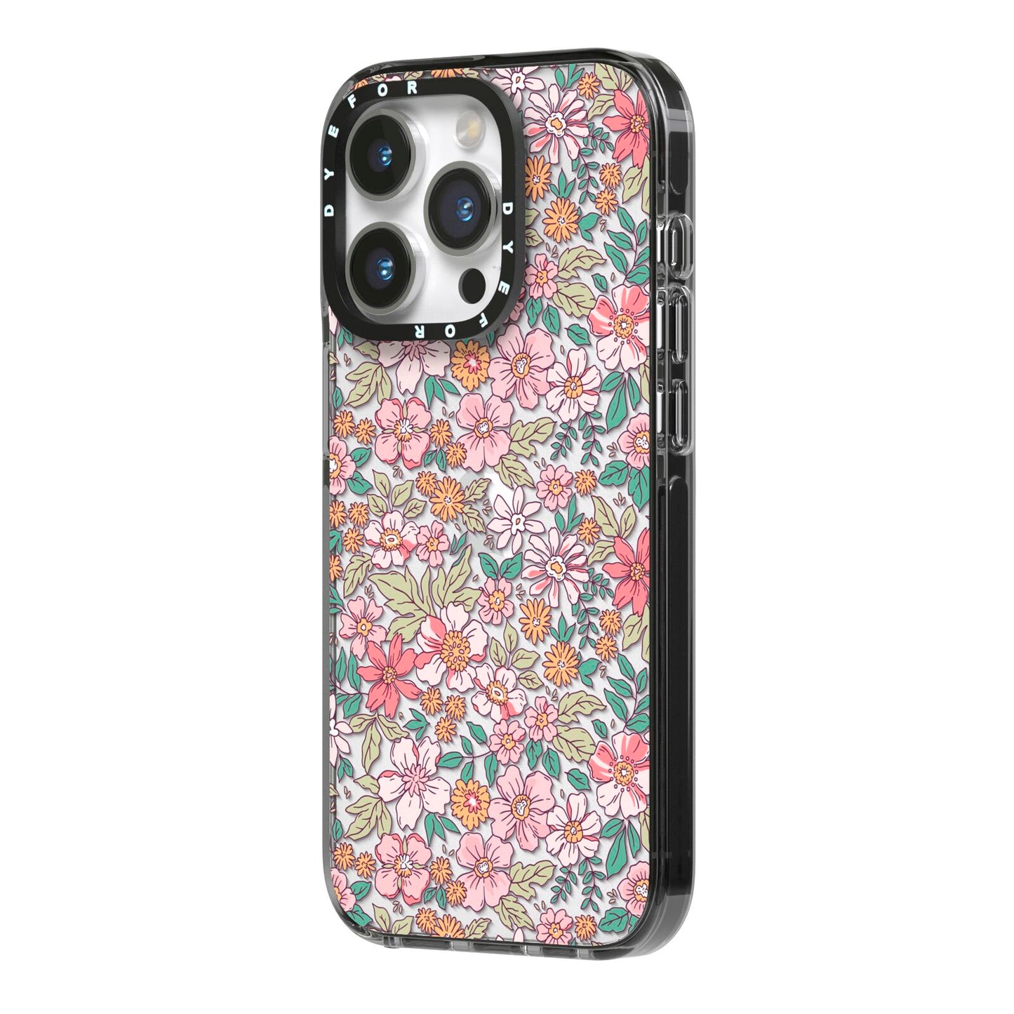 Small Floral Pattern iPhone 14 Pro Black Impact Case Side Angle on Silver phone