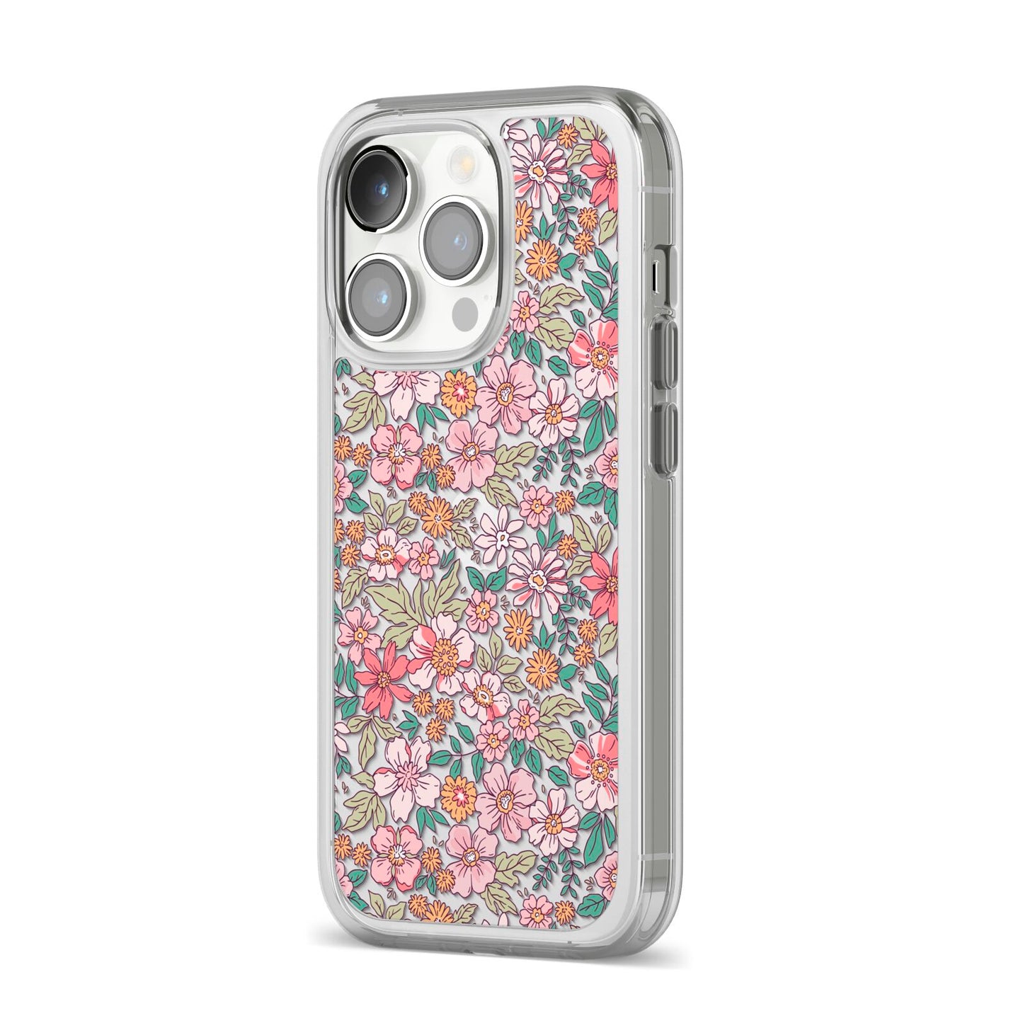Small Floral Pattern iPhone 14 Pro Clear Tough Case Silver Angled Image
