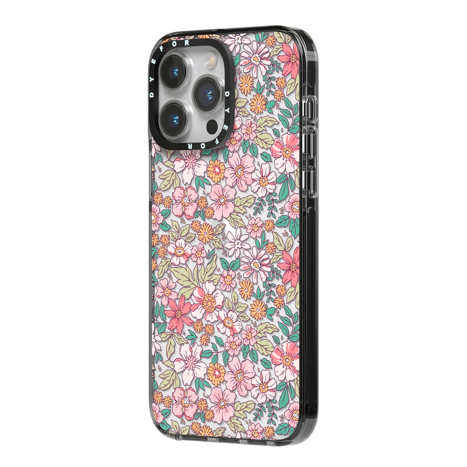 Small Floral Pattern iPhone 14 Pro Max Black Impact Case Side Angle on Silver phone