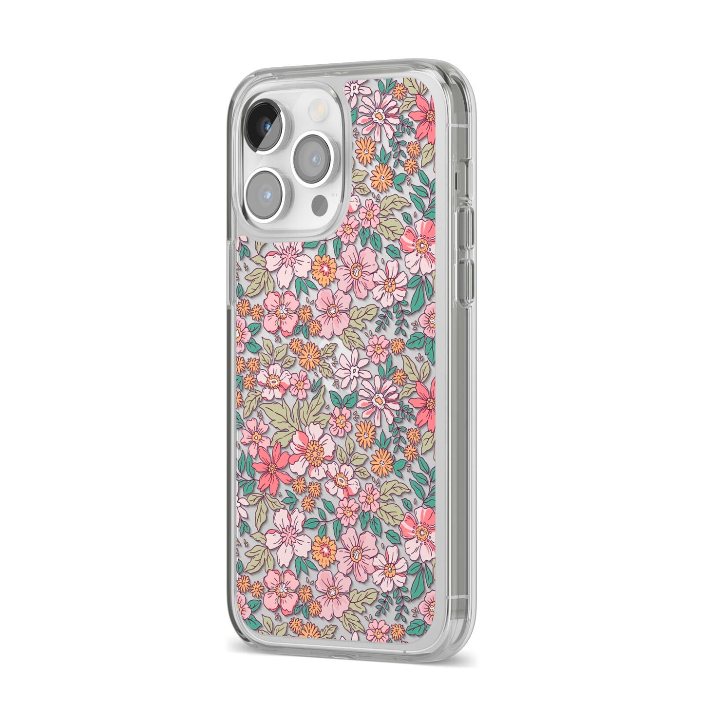 Small Floral Pattern iPhone 14 Pro Max Clear Tough Case Silver Angled Image