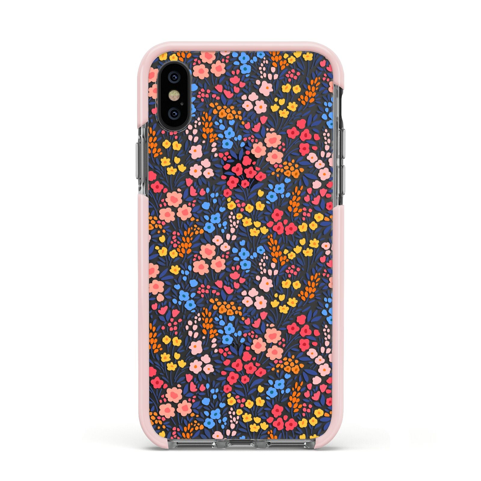 Small Flowers Apple iPhone Xs Impact Case Pink Edge on Black Phone