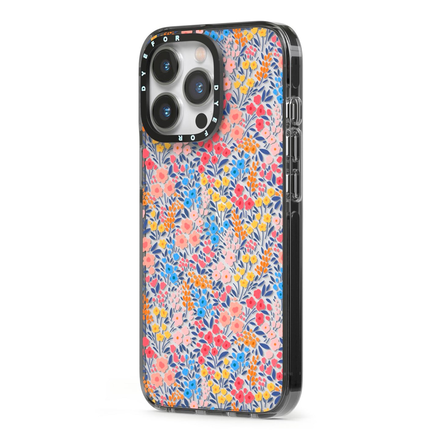 Small Flowers iPhone 13 Pro Black Impact Case Side Angle on Silver phone