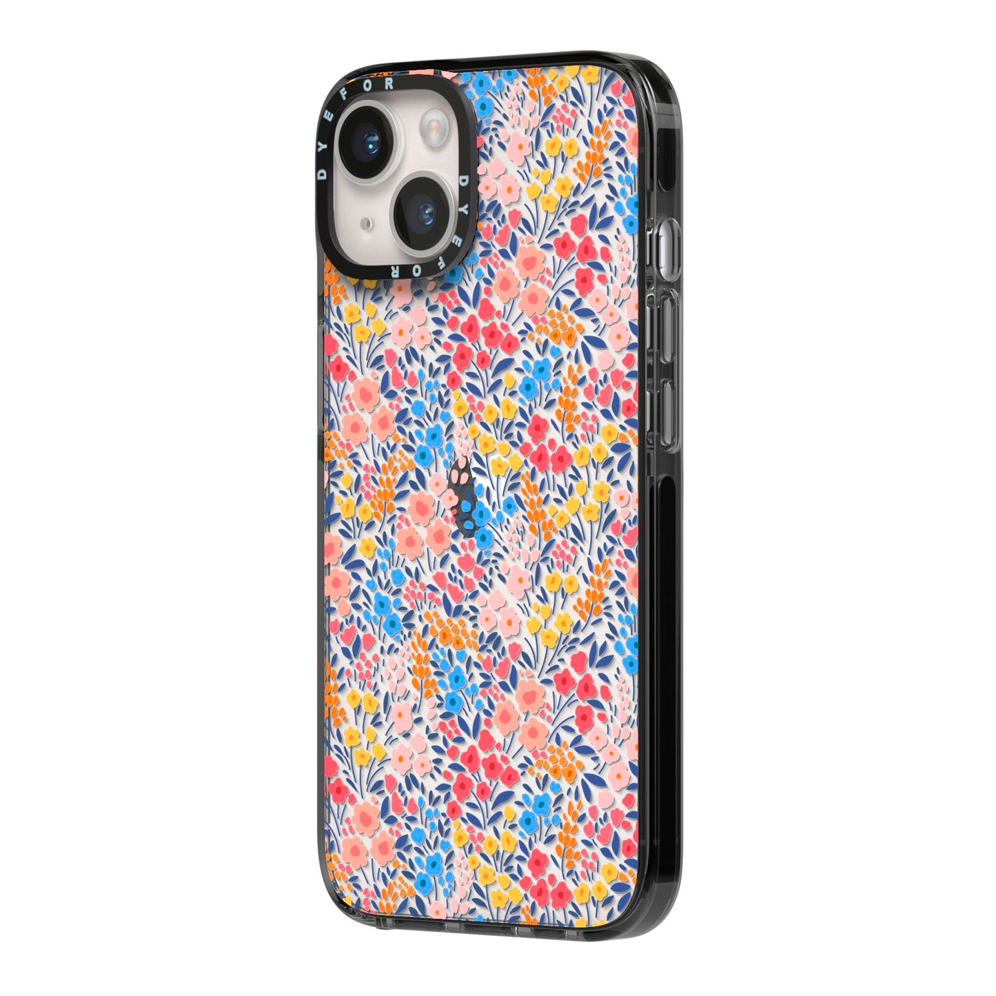 Small Flowers iPhone 14 Black Impact Case Side Angle on Silver phone