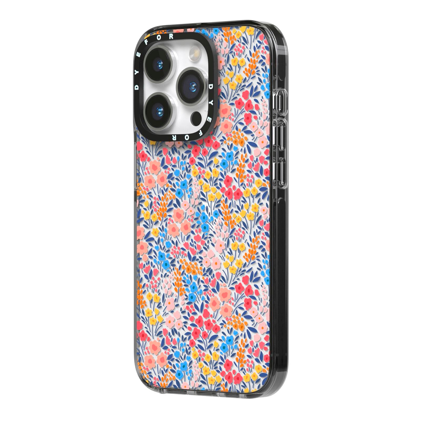 Small Flowers iPhone 14 Pro Black Impact Case Side Angle on Silver phone