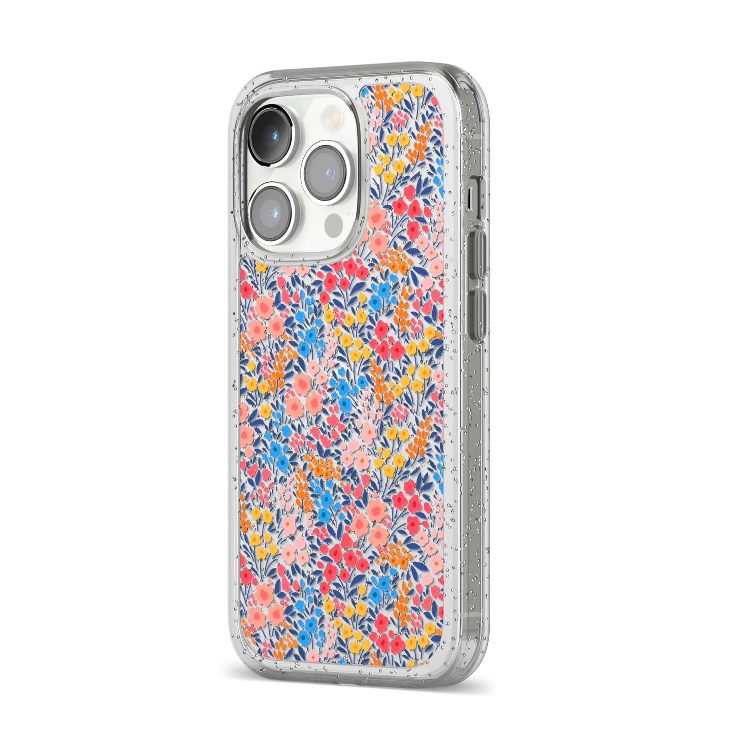 Small Flowers iPhone 14 Pro Glitter Tough Case Silver Angled Image