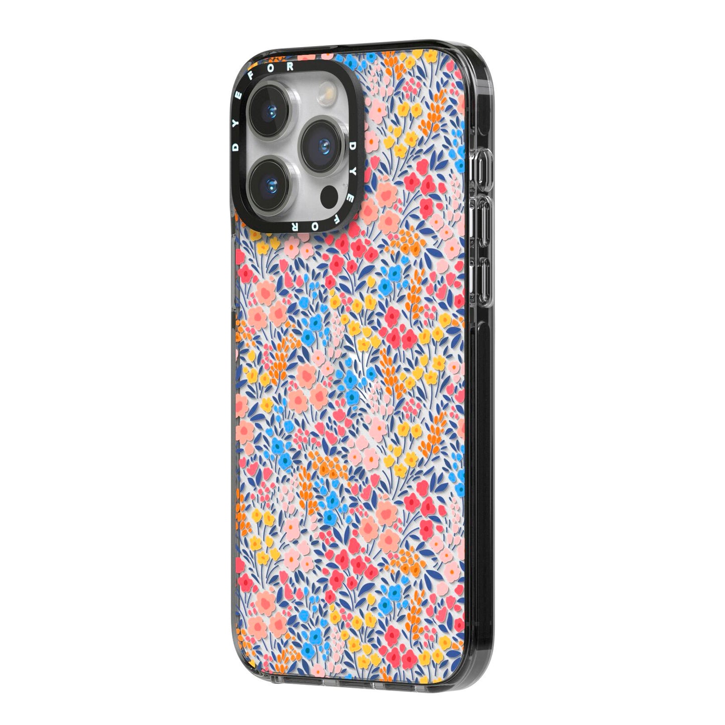 Small Flowers iPhone 14 Pro Max Black Impact Case Side Angle on Silver phone