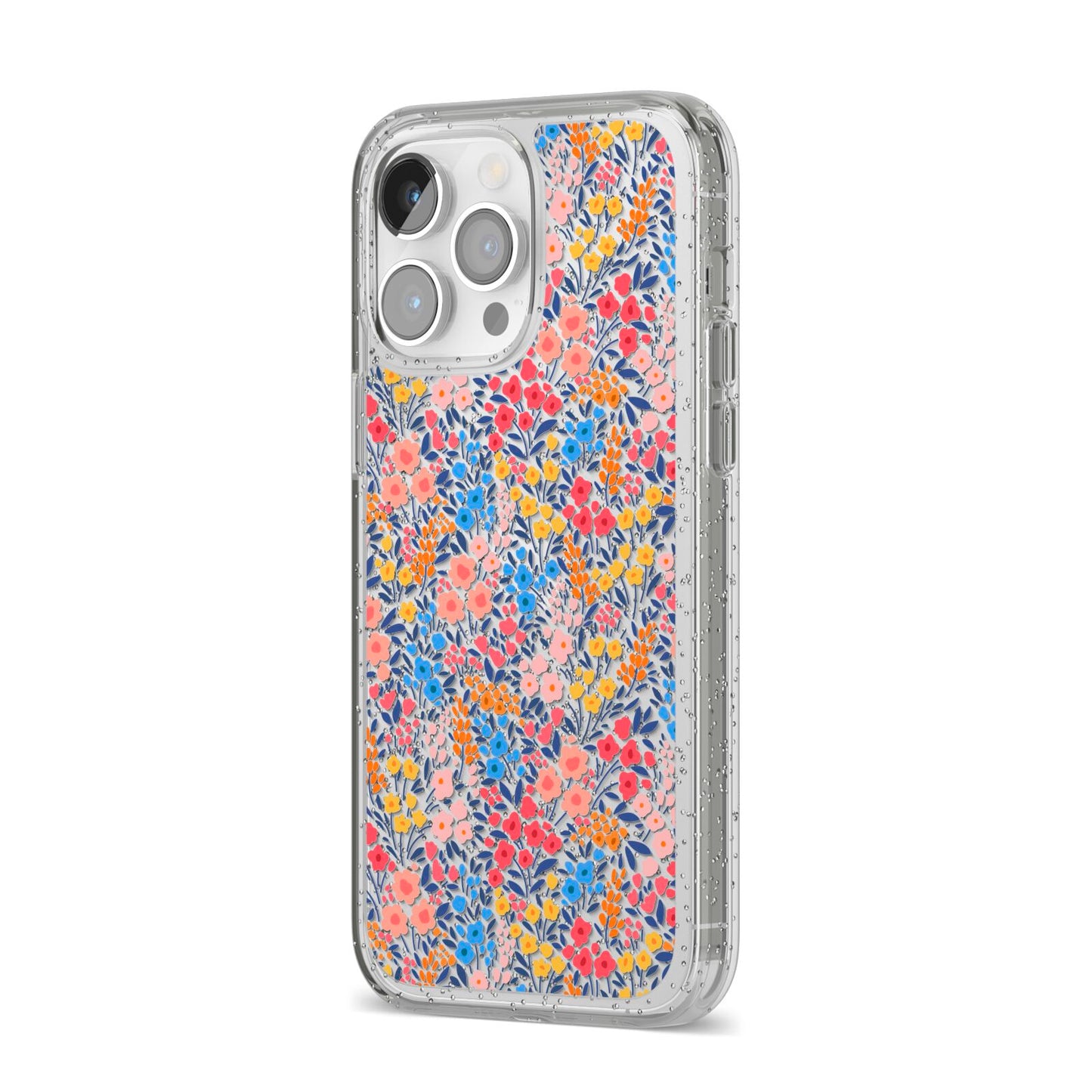 Small Flowers iPhone 14 Pro Max Glitter Tough Case Silver Angled Image