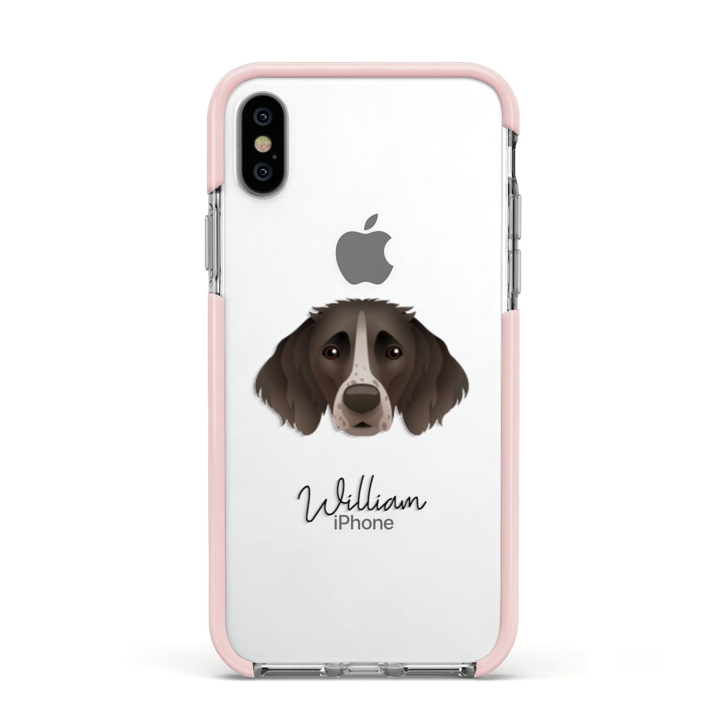Small Munsterlander Personalised Apple iPhone Xs Impact Case Pink Edge on Silver Phone