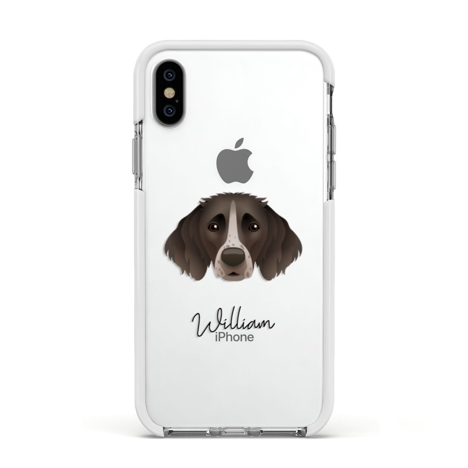 Small Munsterlander Personalised Apple iPhone Xs Impact Case White Edge on Silver Phone