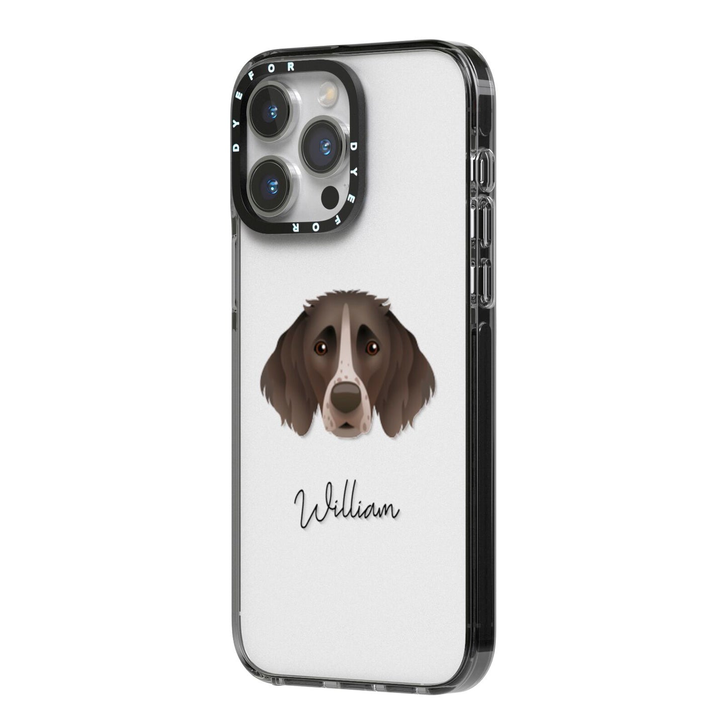 Small Munsterlander Personalised iPhone 14 Pro Max Black Impact Case Side Angle on Silver phone