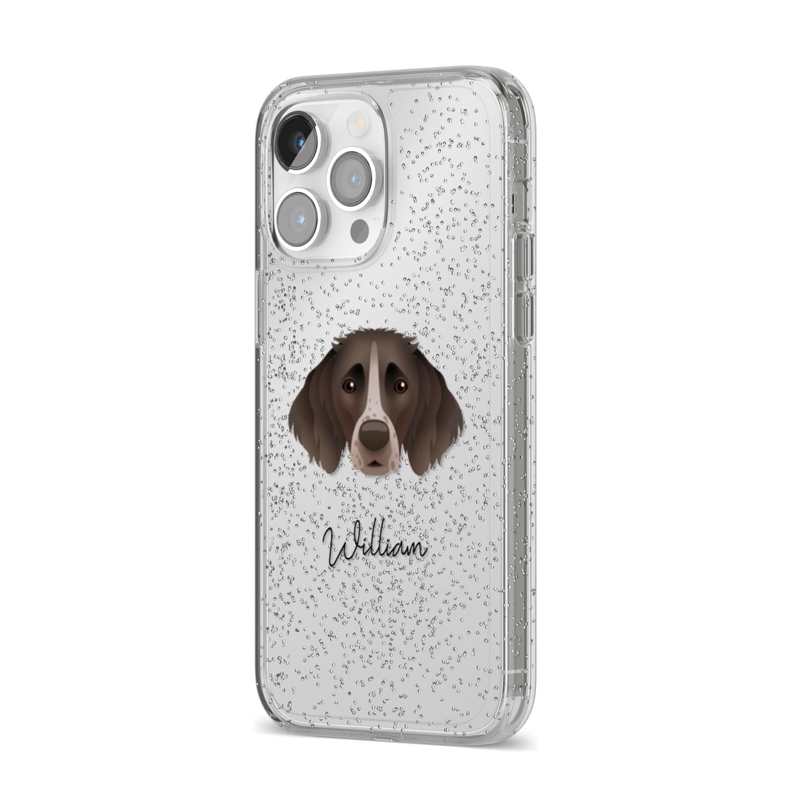 Small Munsterlander Personalised iPhone 14 Pro Max Glitter Tough Case Silver Angled Image