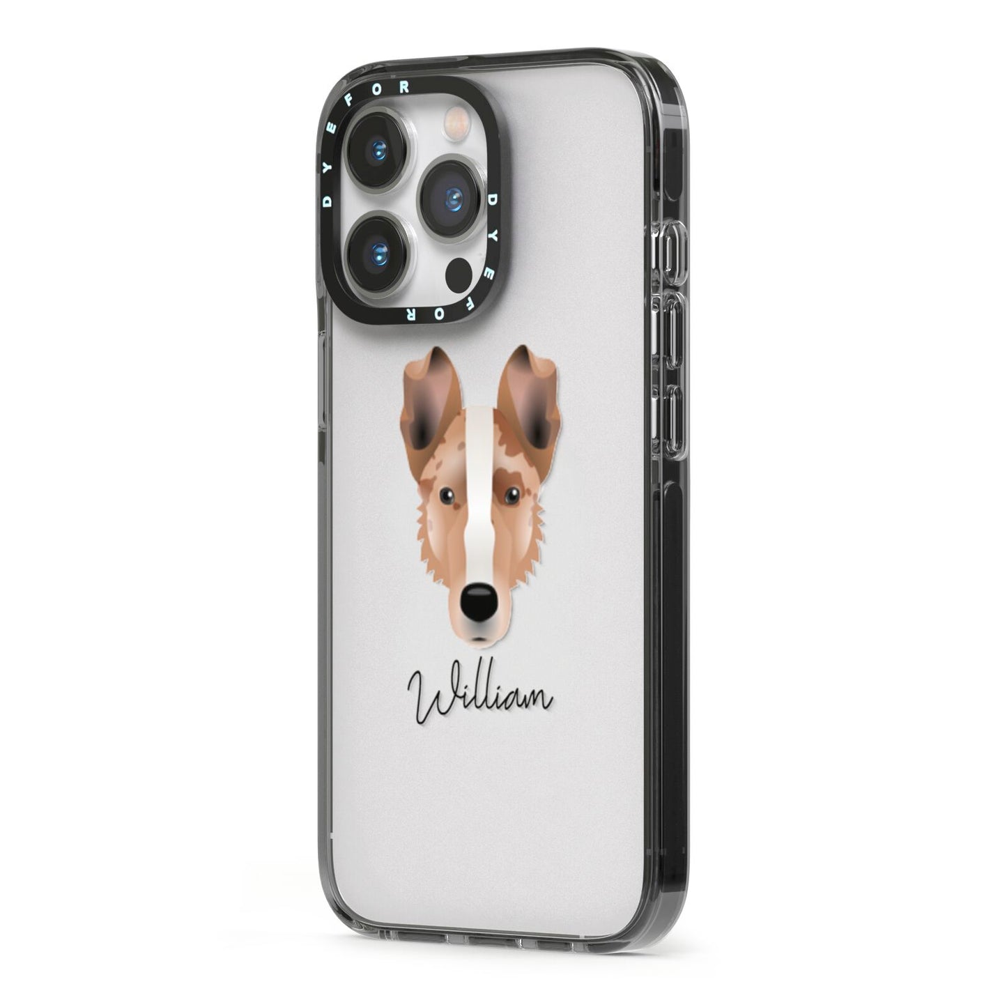 Smooth Collie Personalised iPhone 13 Pro Black Impact Case Side Angle on Silver phone
