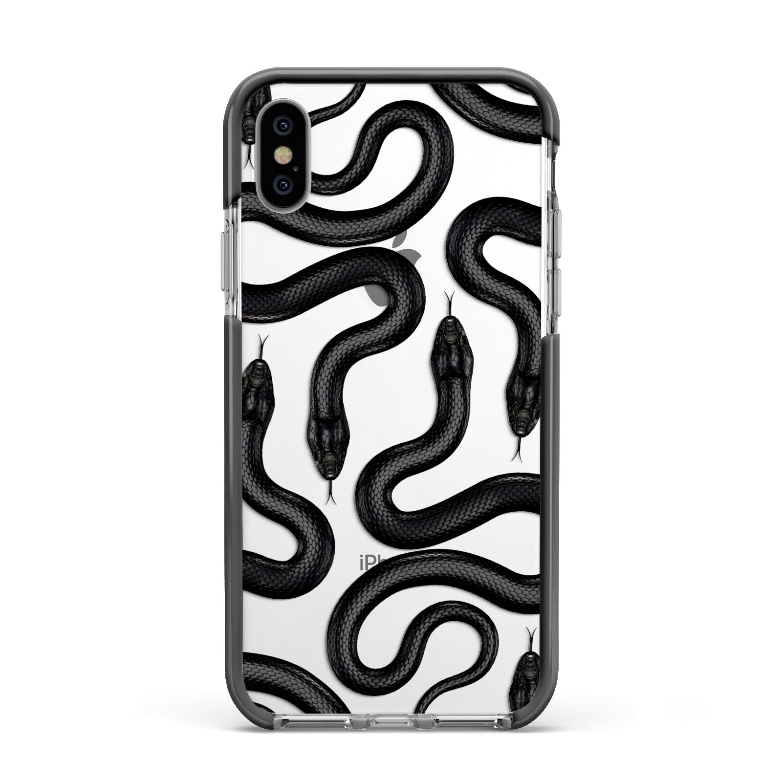 Snake Pattern Apple iPhone Xs Impact Case Black Edge on Silver Phone